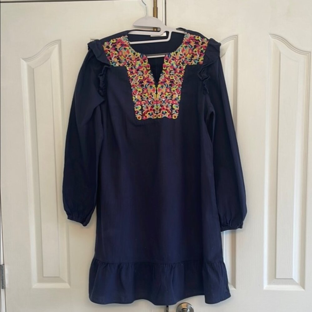 Navy Blue Women’s Dress with Floral Embroidery